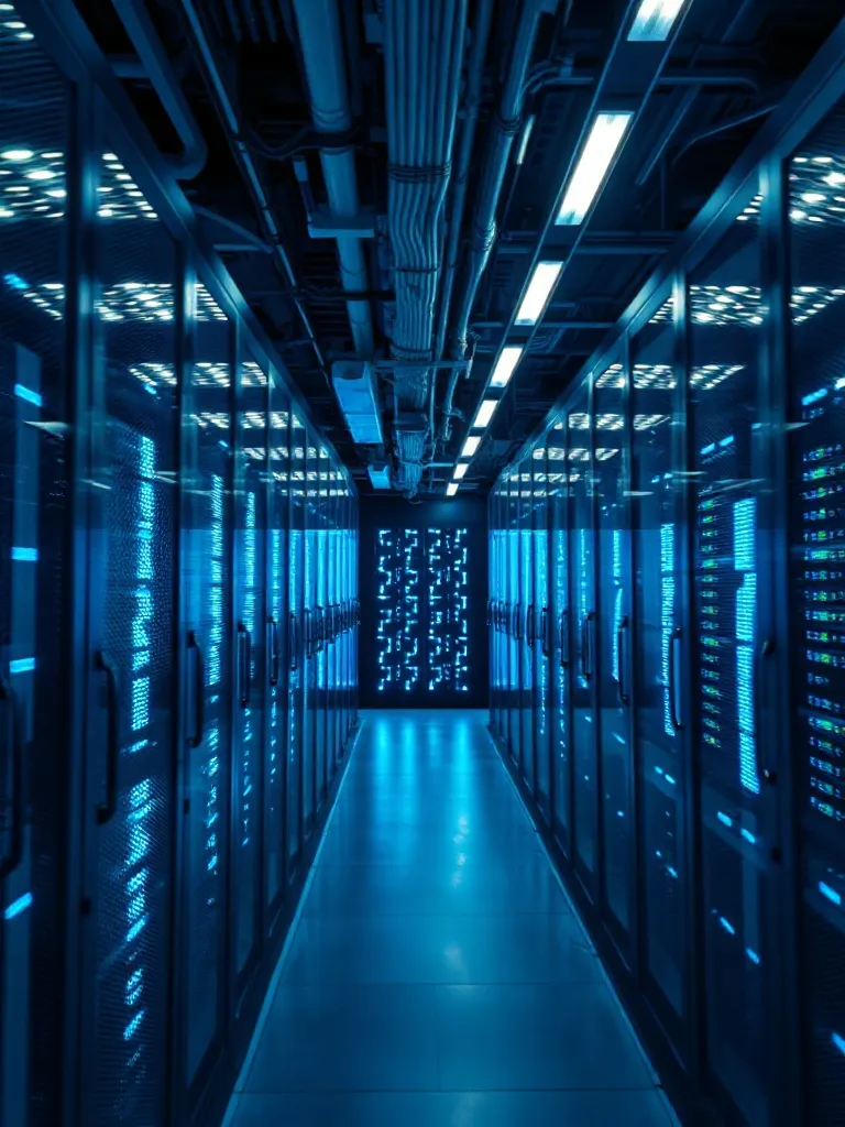 High-tech server room with blue and white lights, motion blu